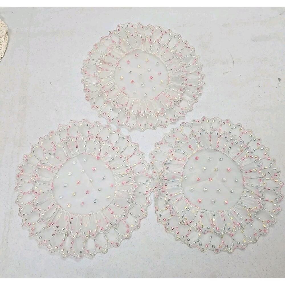 Lot of 3 Vintage Embroidered Hand Stitched Layered Sheer Scalloped Edge Doilies